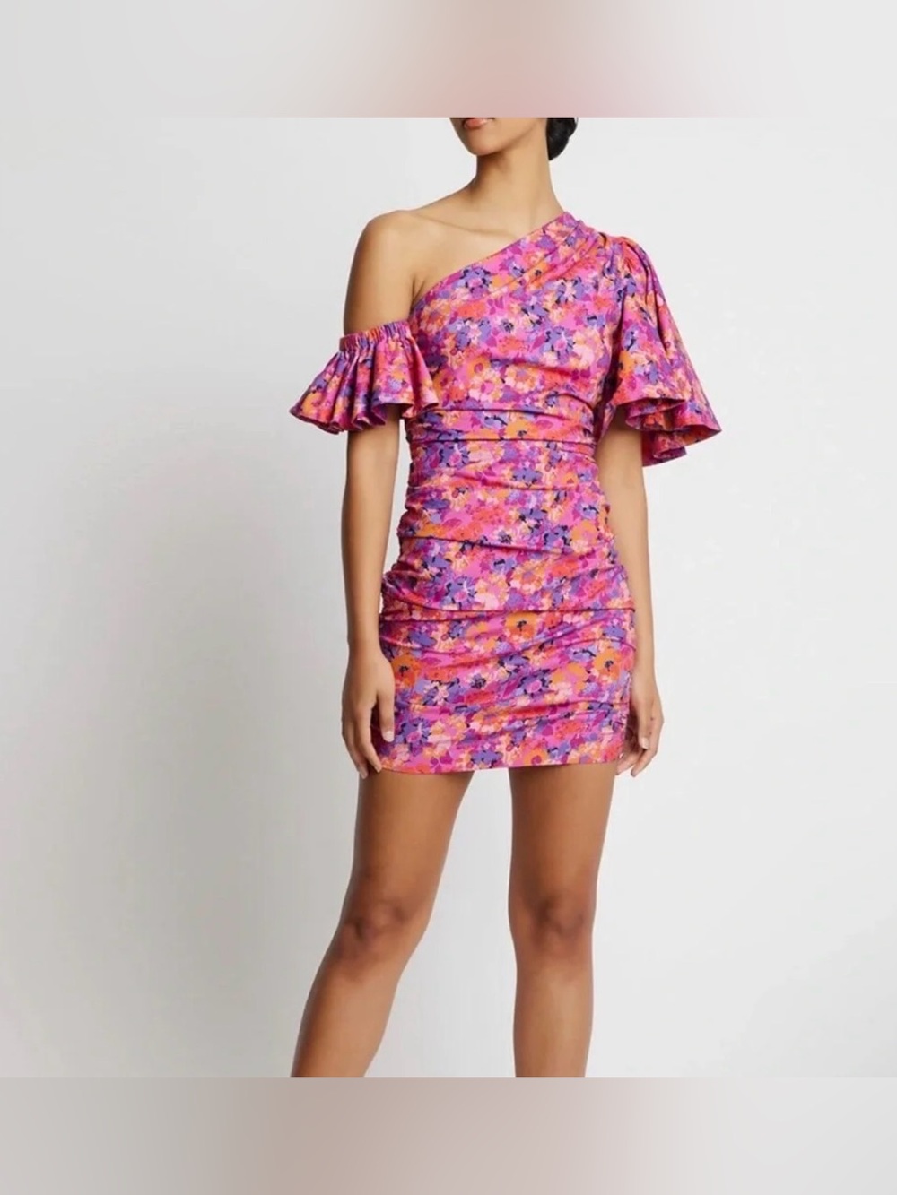 Sofia the Label Willow Ruched One Shoulder Pink Fuchsia Floral Mini Dress Sz 8‎